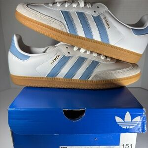 adidas Samba Sneakers - White & Light Blue with Gum Sole